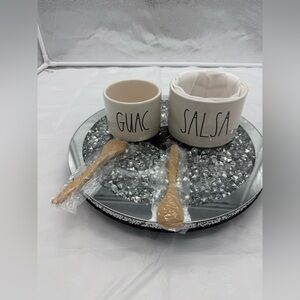 Rae Dunn Artisan Collection - Guac and Salsa Bowl Set with two bamboo spoons.